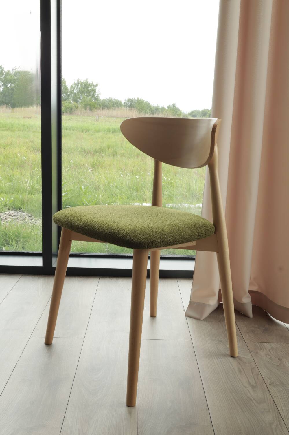 Natural Dining Chair with green upholstery, new modern design vintage style