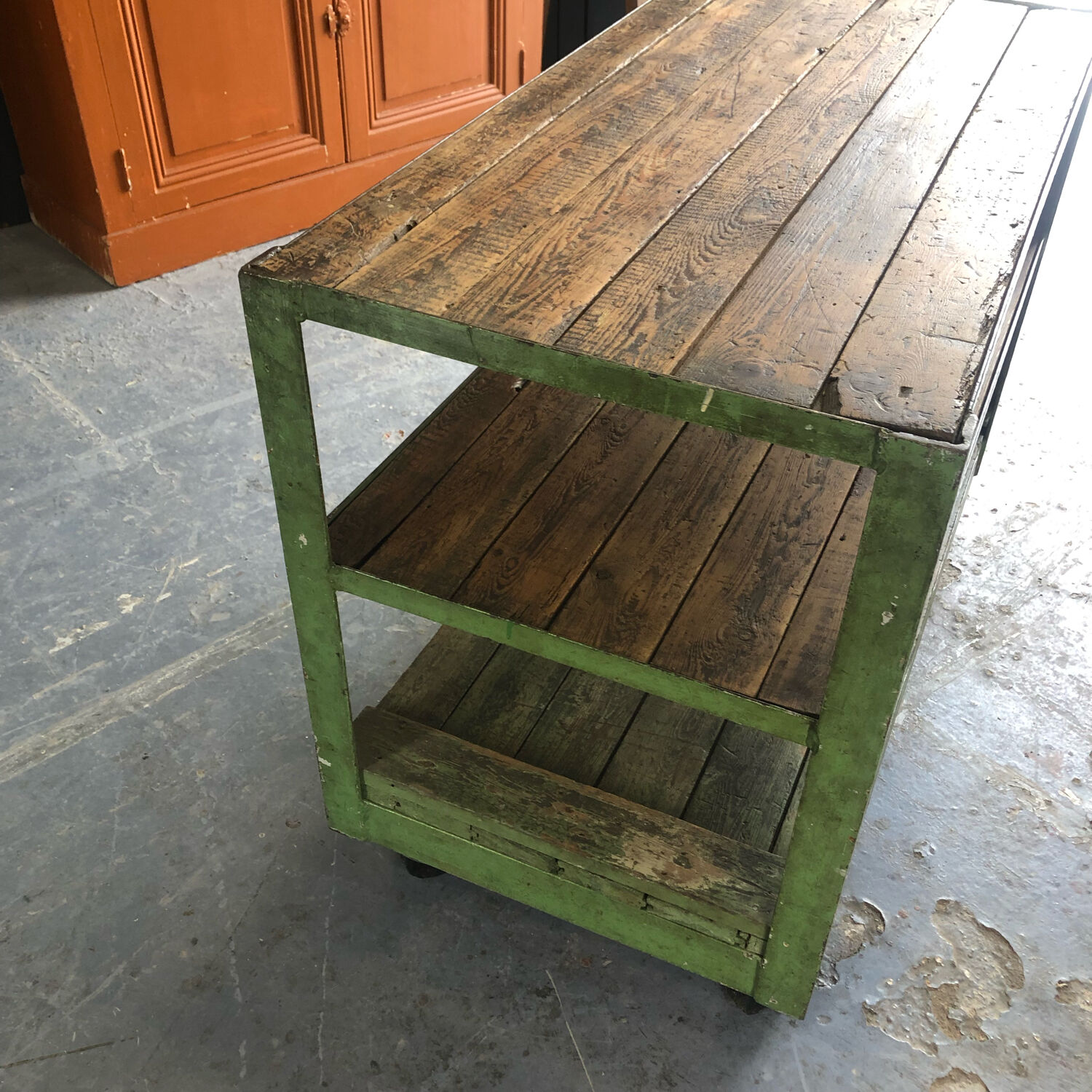 Industrial trolley with shelves, wood and metal