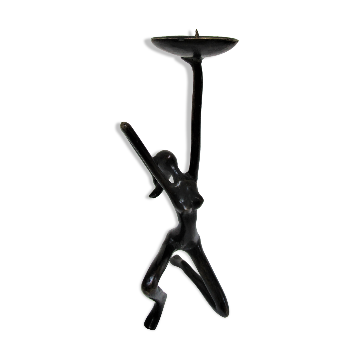 Sculptural candlestick anthropomorphic bronze blackened with woman's figure 70s