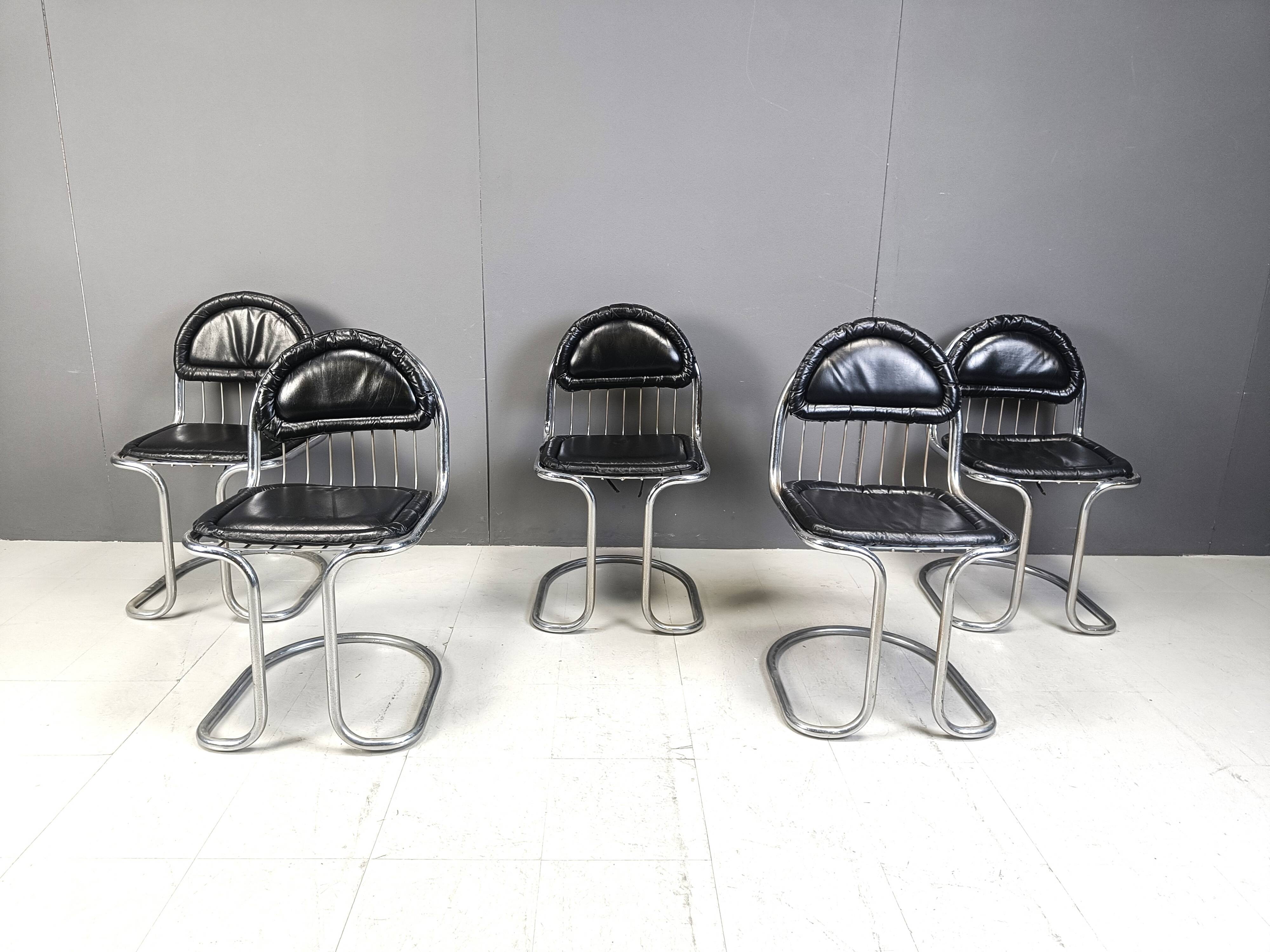 Vintage Chrome and Leather Cantilever Dining Chairs, 1970s