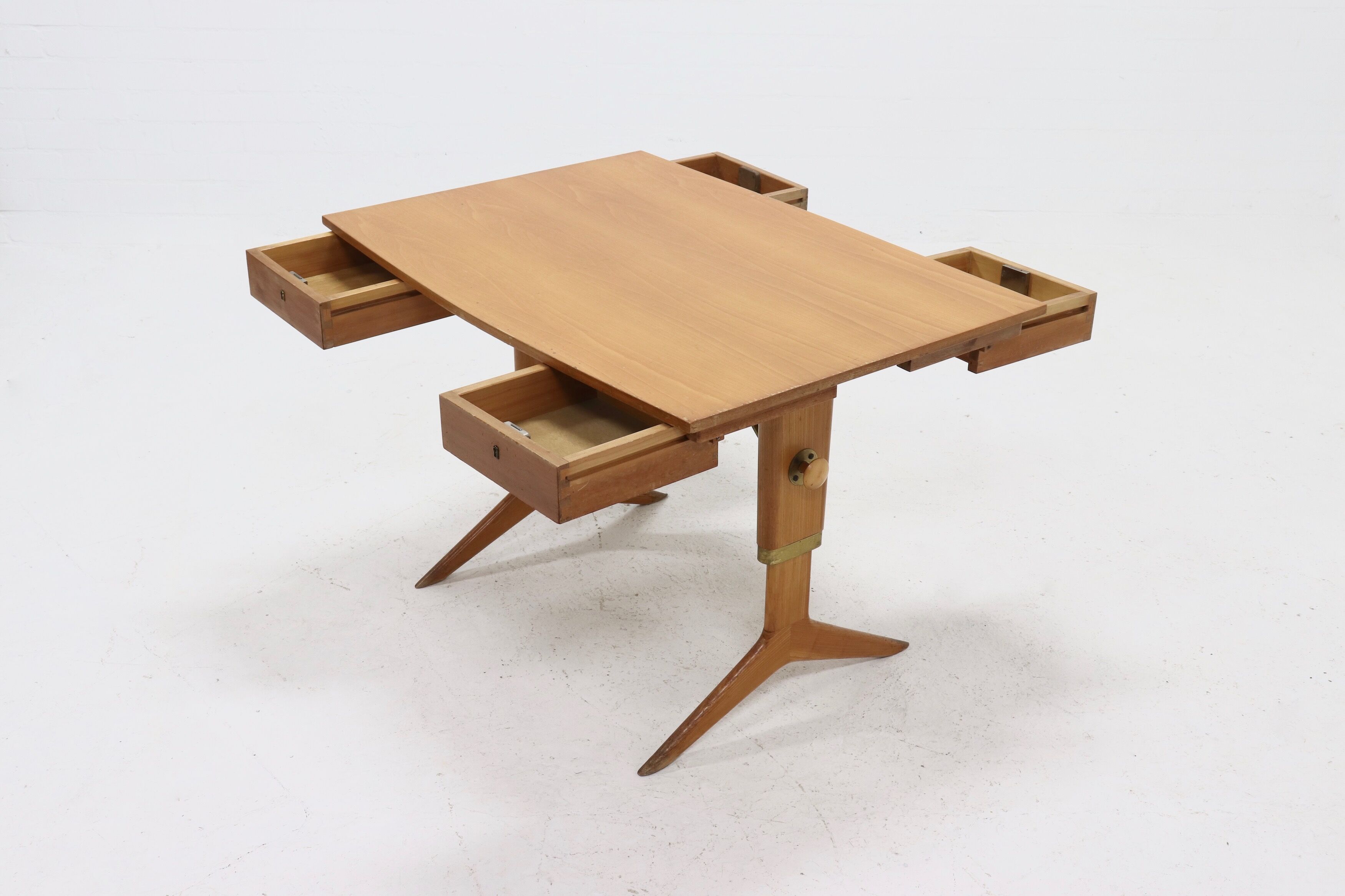 Height adjustable birch and brass partner desk 1960s