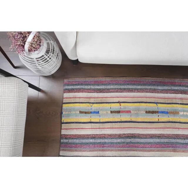Vintage Turkish Oushak Handmade Wool Cotton Beige Kilim Area Rug 129x210