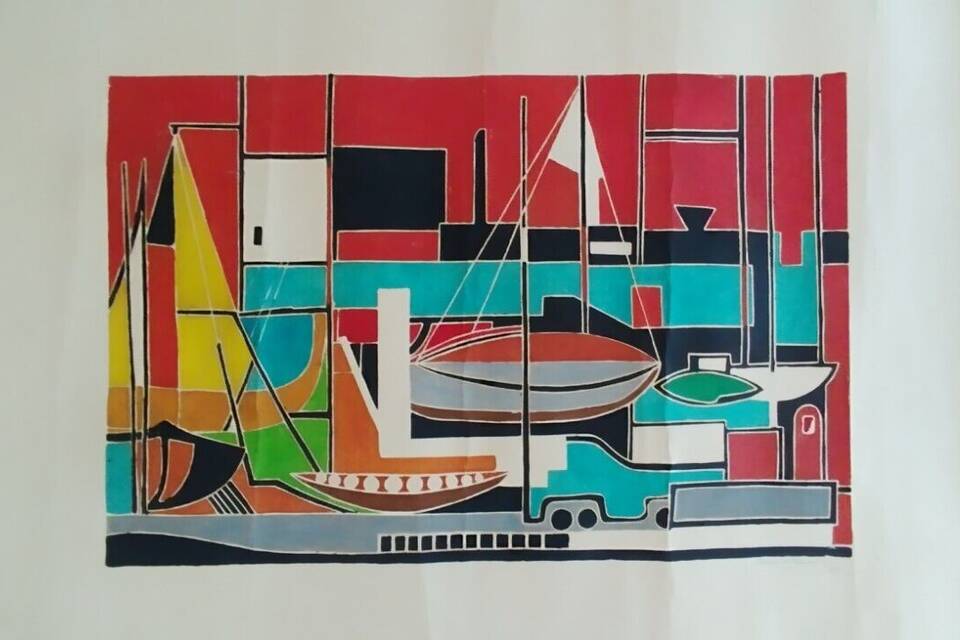 Gouache on paper signed mid-20th century boats port 1959
