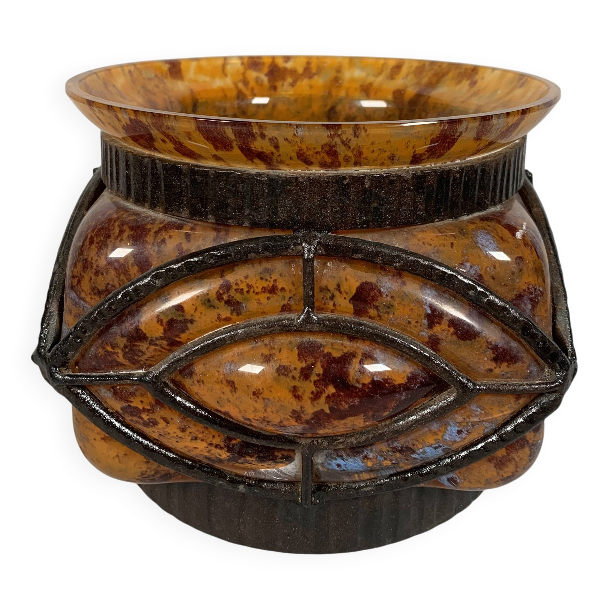 Art Deco Glass and Wrought Iron Vase Le Lorrain Nancy 20th Century