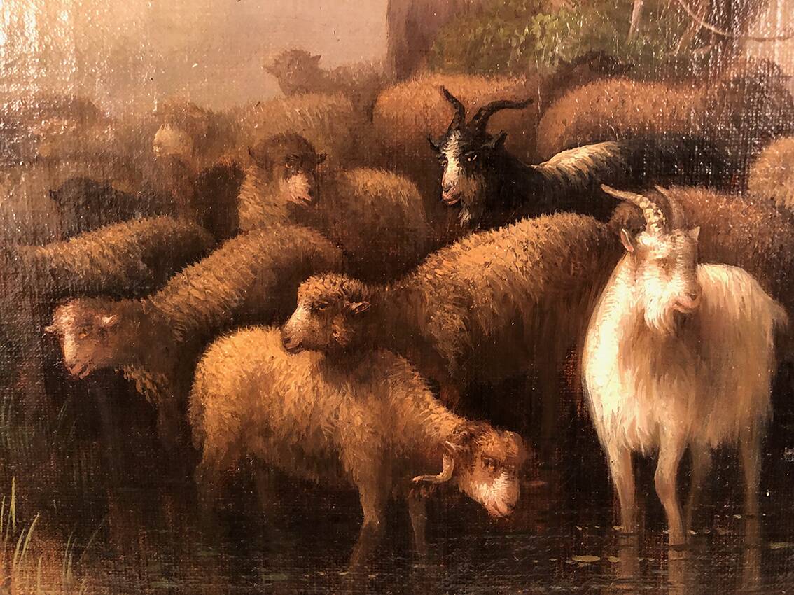 Prosper Ferey, large oil on canvas, “Shepherdess and her flock” mid-19th century