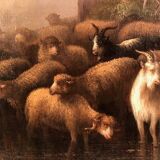 Prosper Ferey, large oil on canvas, “Shepherdess and her flock” mid-19th century