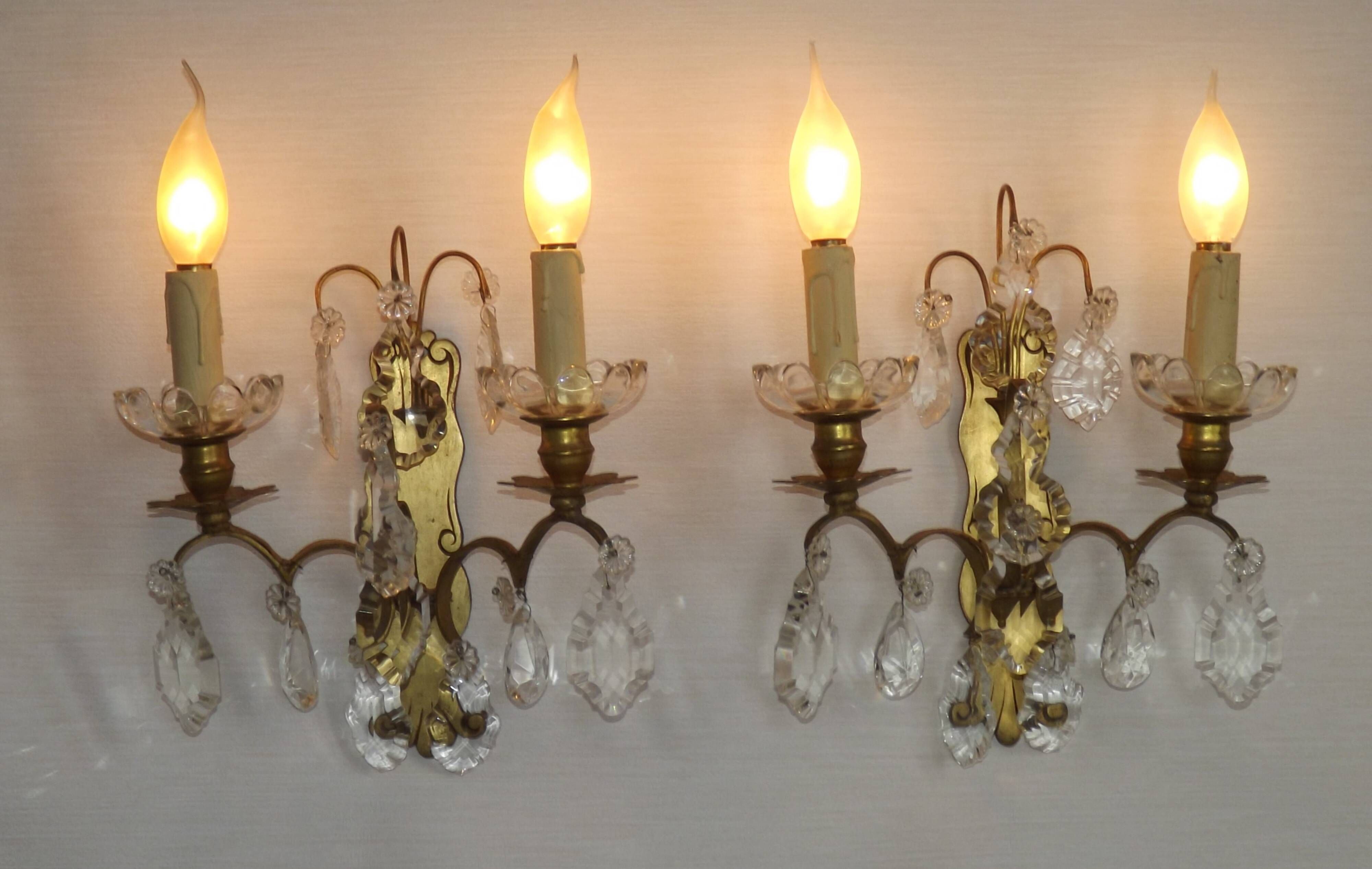 Pair of French Double Brass & Glass Wall Lights Adorned With Crystals