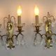 Pair of French Double Brass & Glass Wall Lights Adorned With Crystals