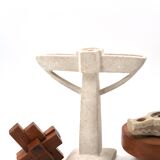 Moroccan candle holder in carved white beige stone, 1970s.