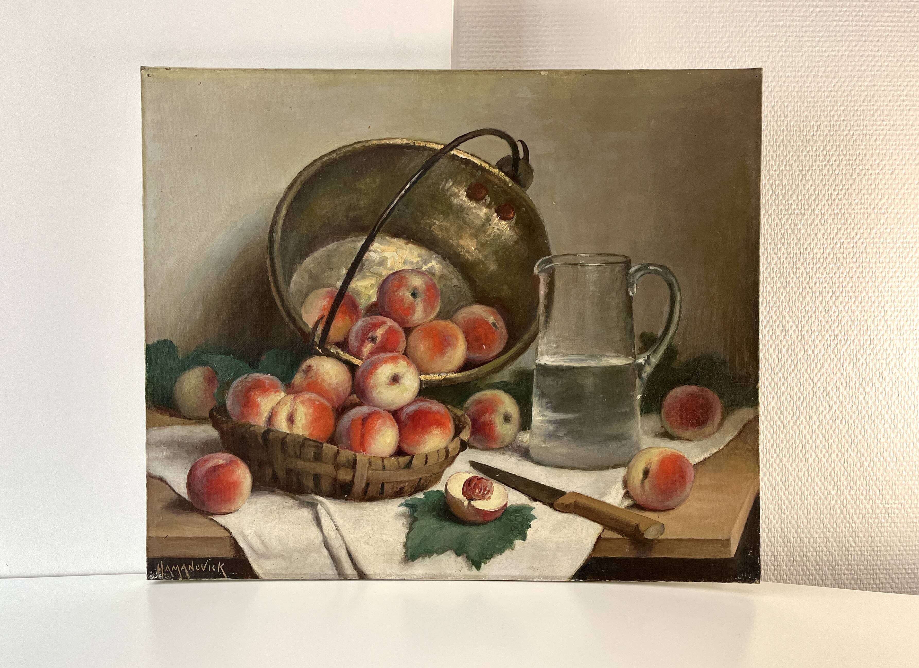 Authentic still life with peaches signed Gaston Hamanovick 1920