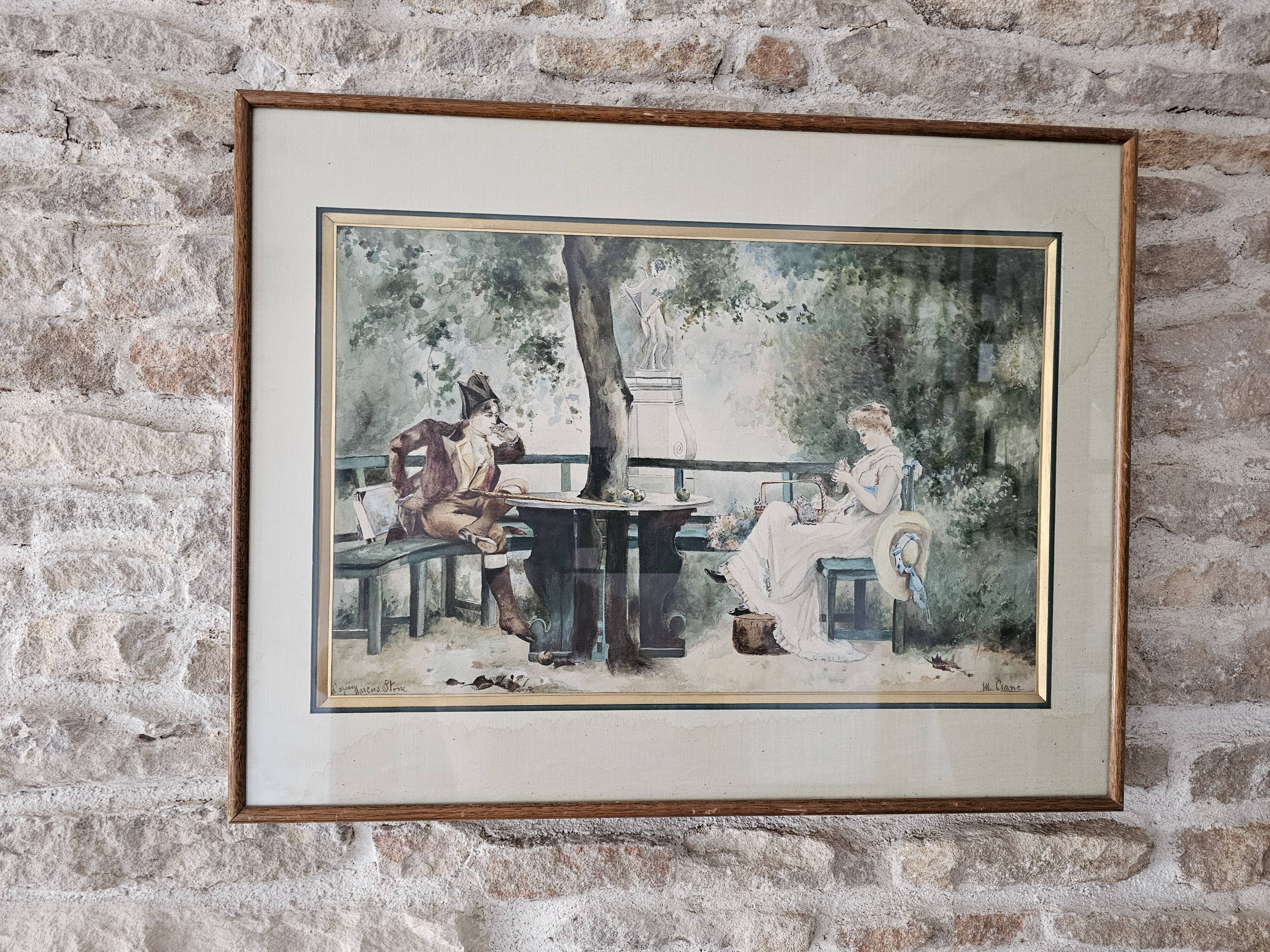 Tableau Aquarelle Scène Amoureux parc d'après Marcus Stone