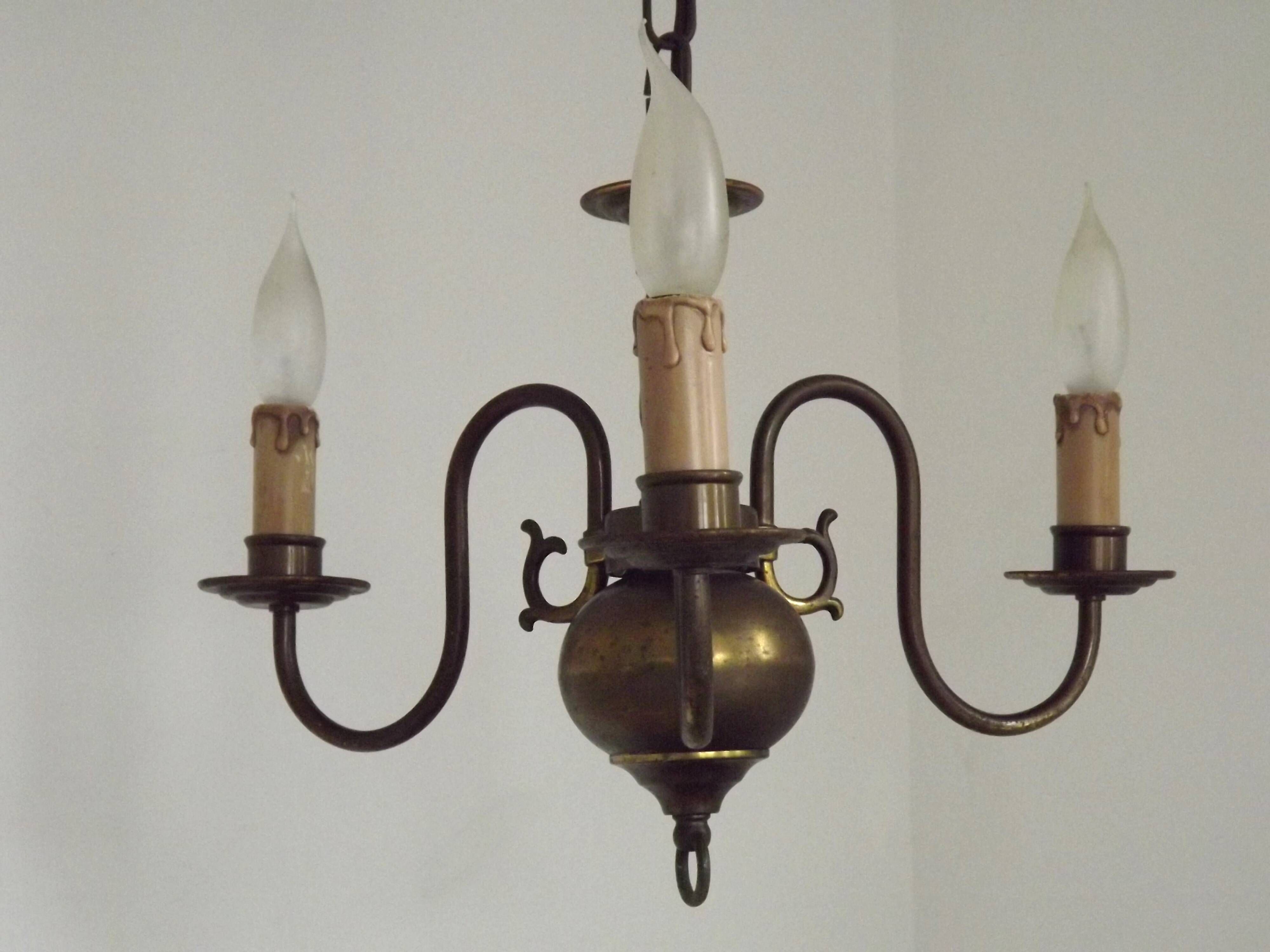 French Vintage Old Aged Bronzed Metal 3 Light Flemish Style Chandelier 4804