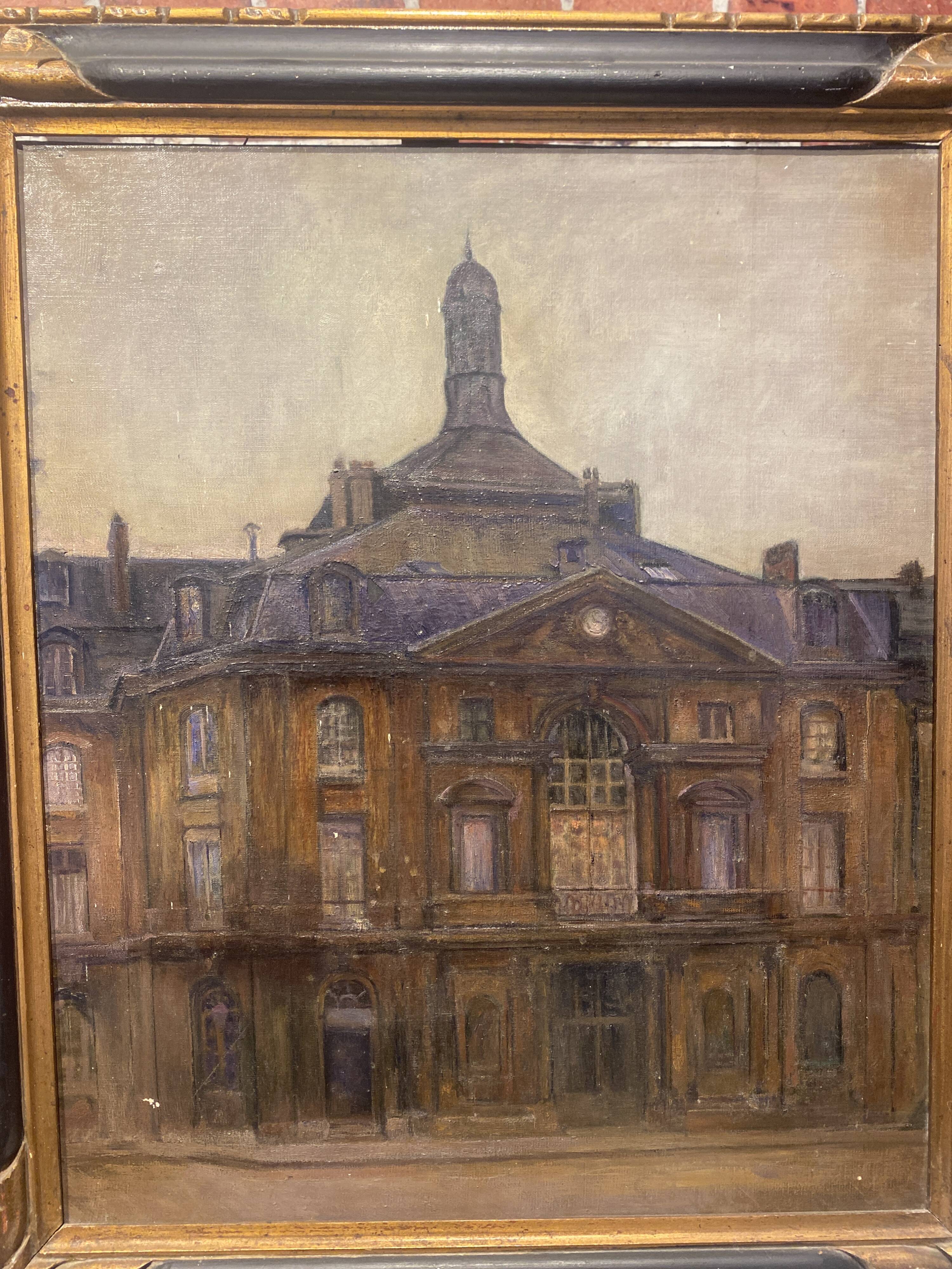 Oil on canvas framed bell tower of a cathedral