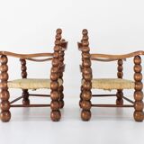Set of Oak and Rush Bobbin Armchairs Charles Dudouyt style , 1940s