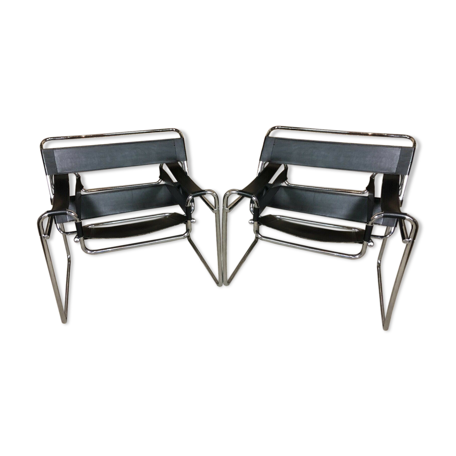 Pair of Marcel Breuer's Wassily armchairs in stainless steel and 60's leather