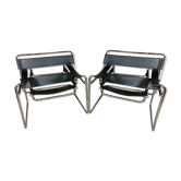 Pair of Marcel Breuer's Wassily armchairs in stainless steel and 60's leather