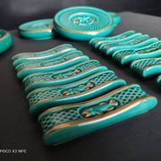 green ceramic trivet/bottle coaster/knife holder set
