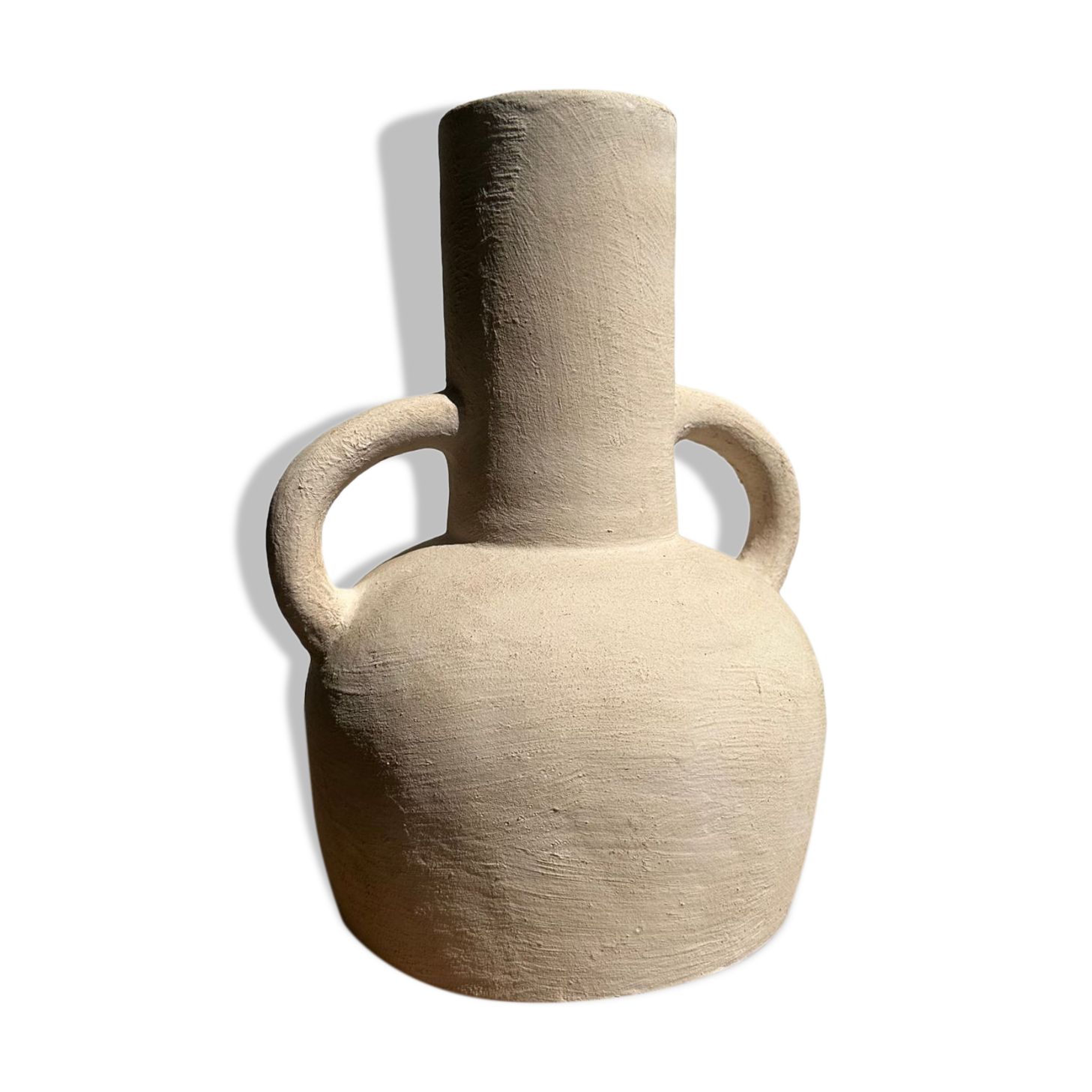 Handmade terracotta vase painted in beige with double handles h:32 d:25