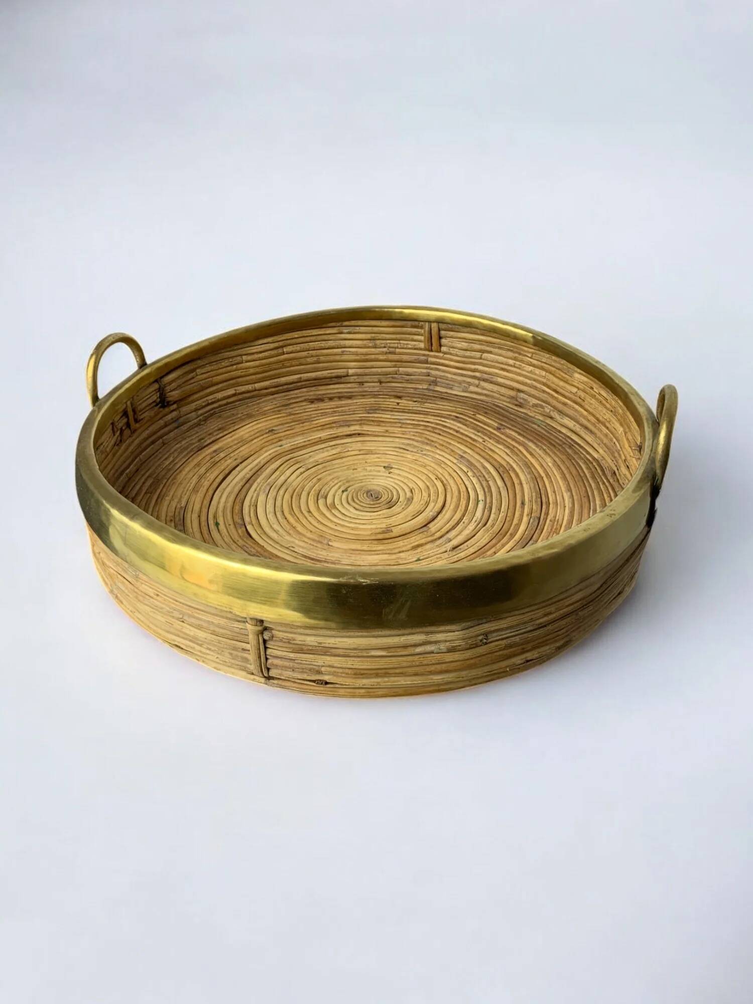 Circular rattan and brass tray, Italy, circa 1970s