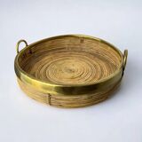 Circular rattan and brass tray, Italy, circa 1970s