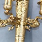 Large pair of Napoleonic gilt bronze empire style wall lights with three candles