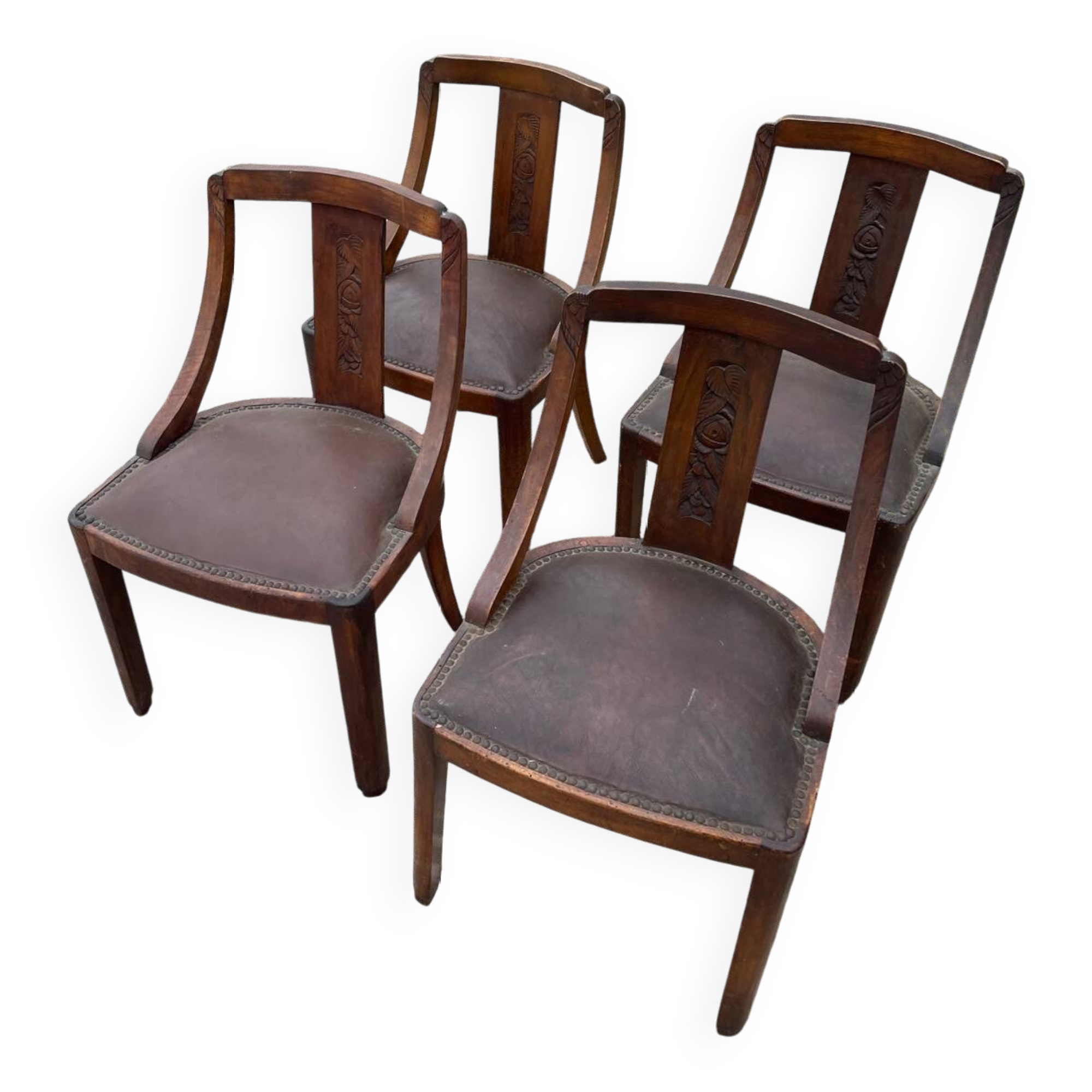 Set of 4 art deco gondola chairs in solid oak wood with skai leather