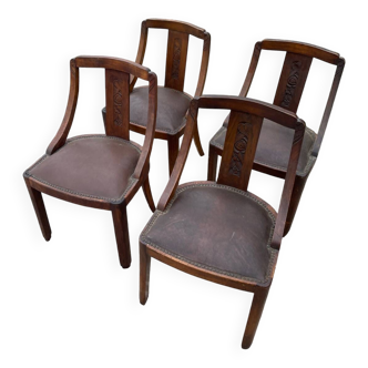 Set of 4 art deco gondola chairs in solid oak wood with skai leather