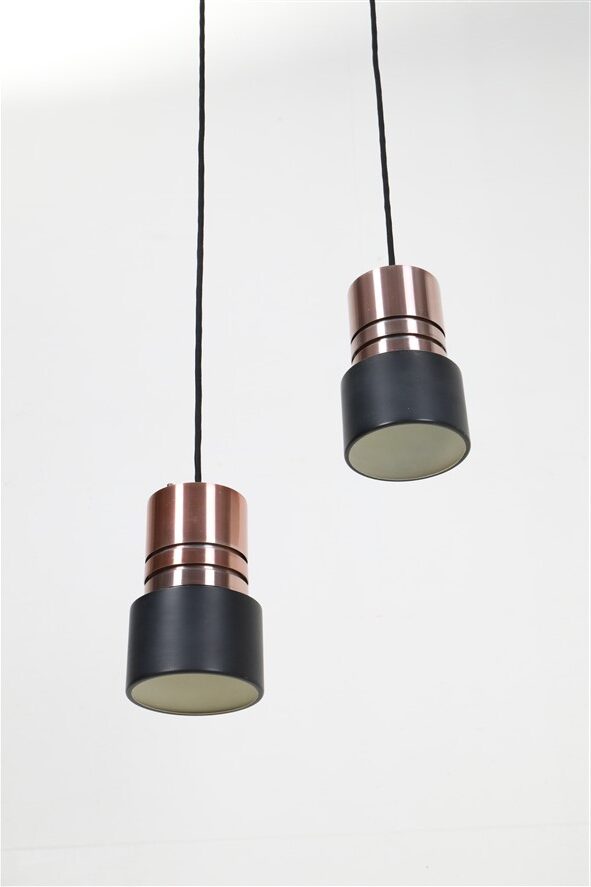 Set of 2 space age pendant lamps / Mid-century Danish modern design / Aluminum / Copper / 1960s / 1970s