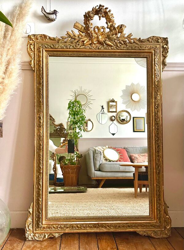 Miroir trumeau ancien de cheminée en bois doré 125x80