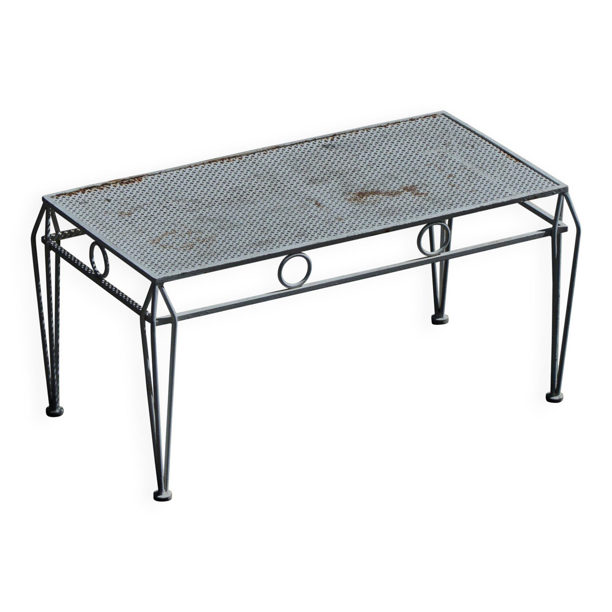Metal coffee table in French garden style, mid-century modern, with perforated top, 1950s.