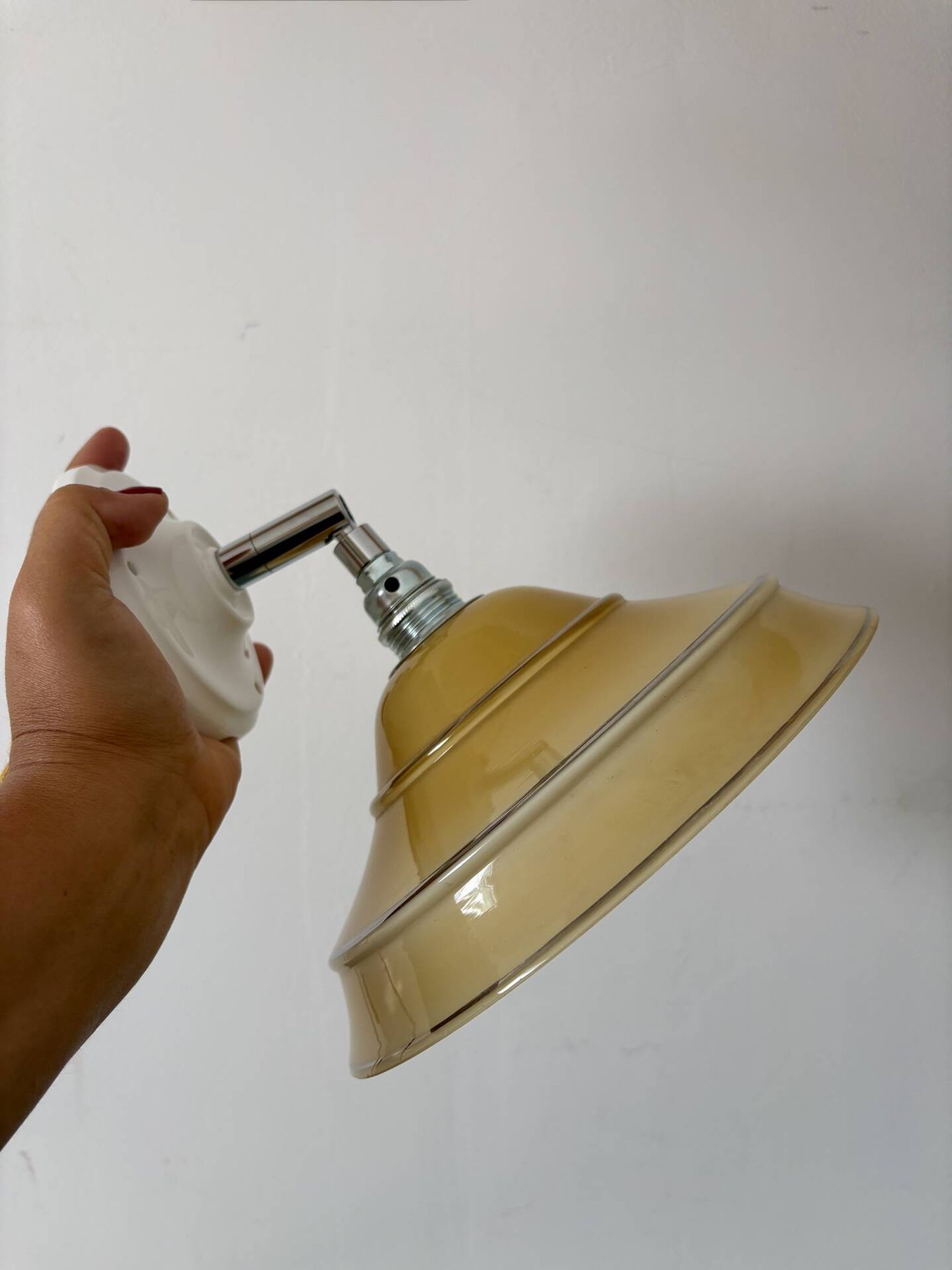 Vintage lampshade in yellow opaline with silver trim.