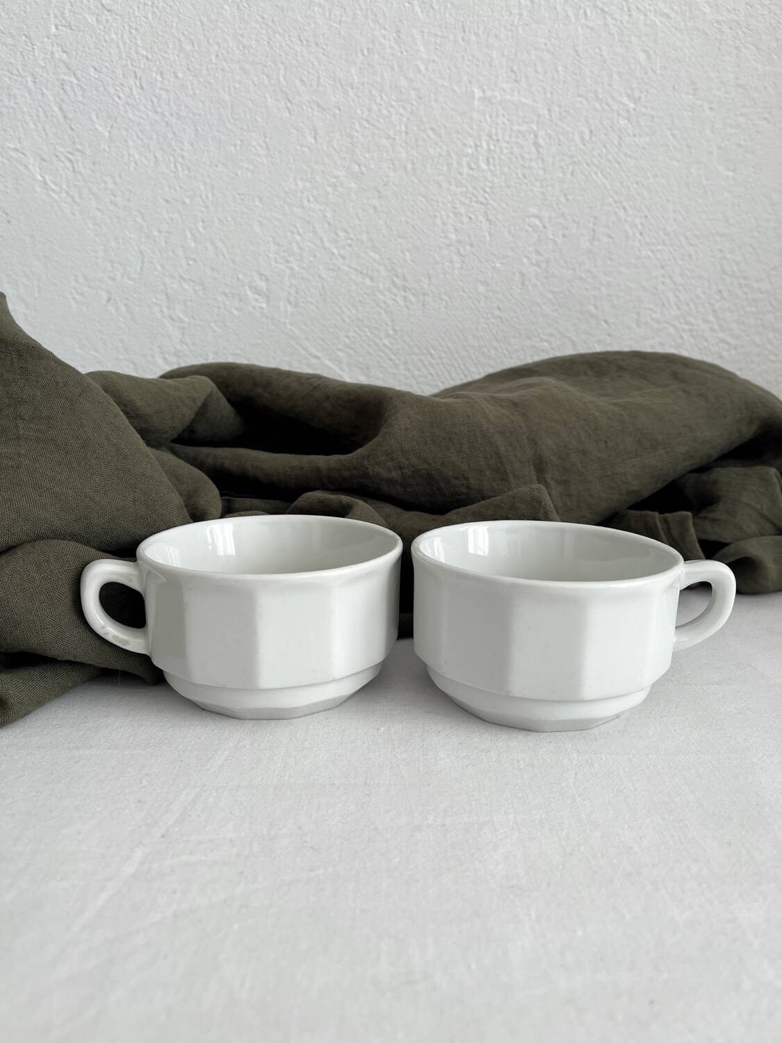 2 white porcelain cups Apilco vintage Parisian bistro