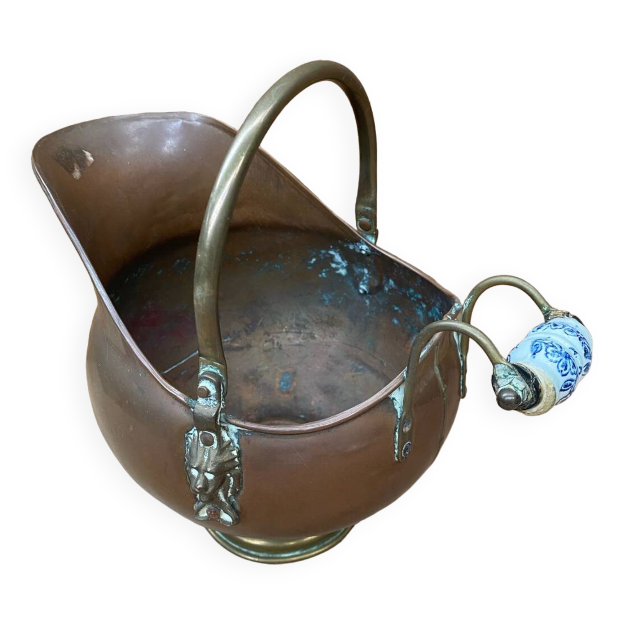 Antique copper & brass ash bucket + porcelain handle