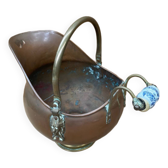 Antique copper & brass ash bucket + porcelain handle
