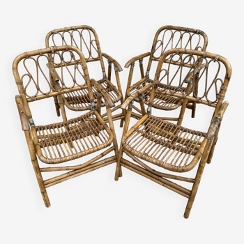 4 fauteuils pliants en rotin et bambou, Valencia Espagne 1960