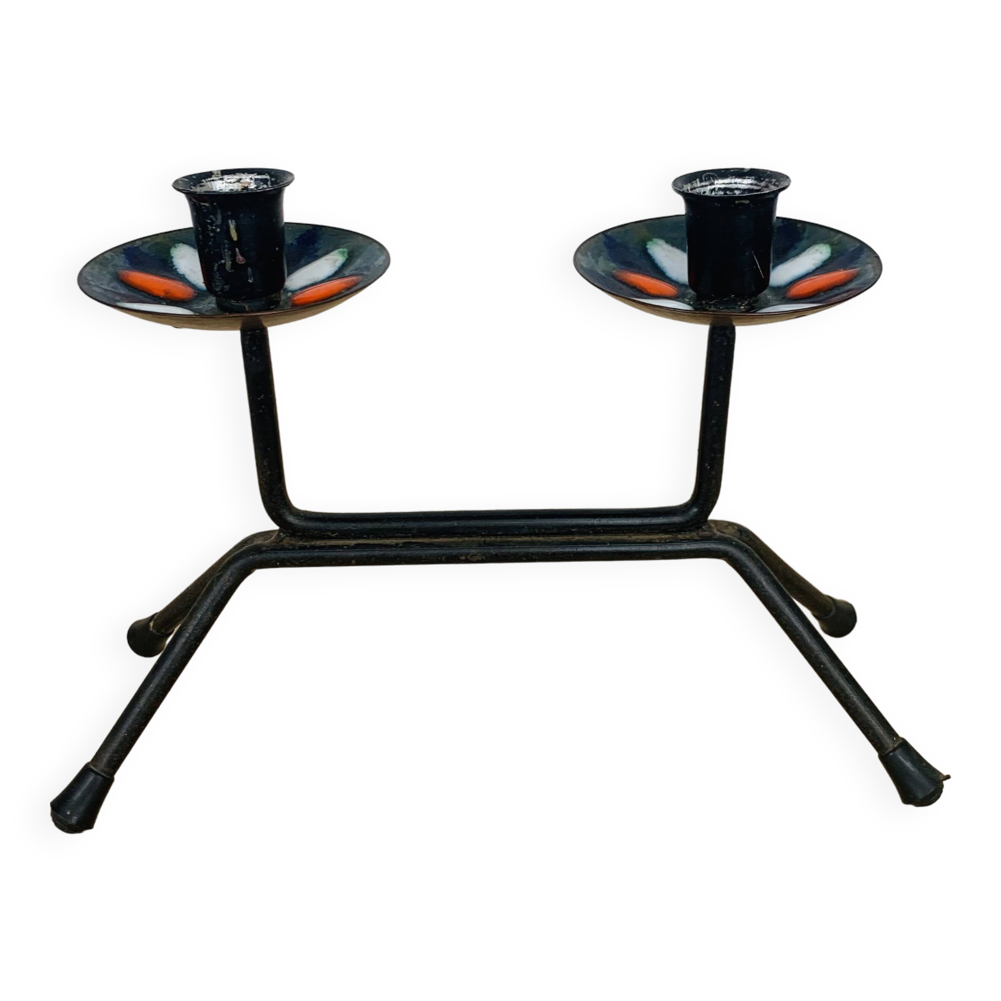 Vintage 50s iron candle holder, enameled signed