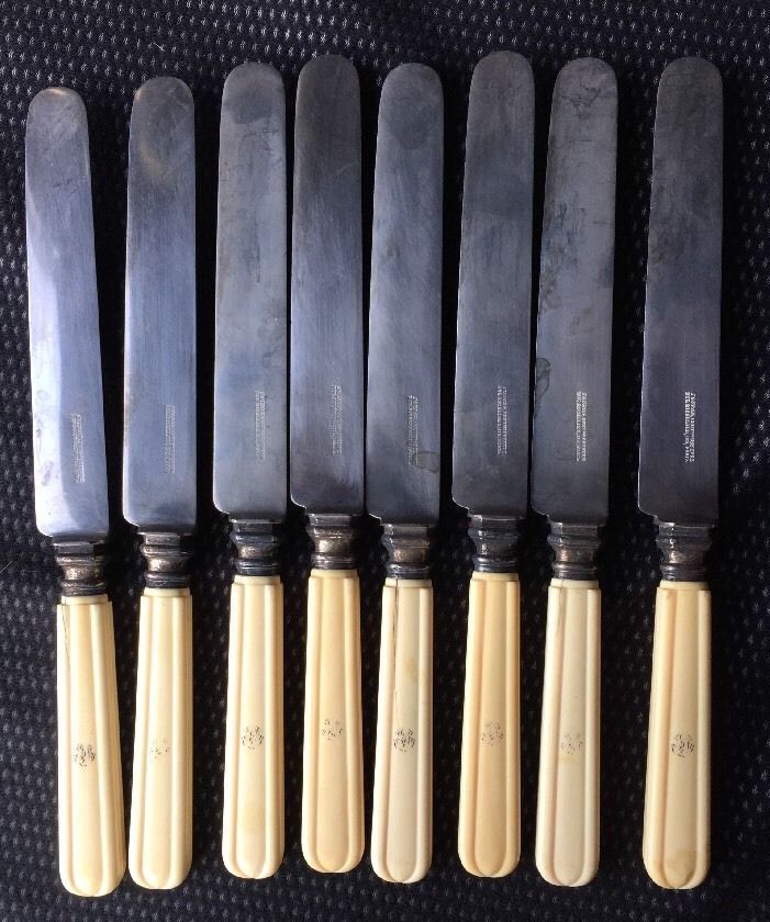 Set of 8 large turret knives paris steel blade handle horn monogrammed