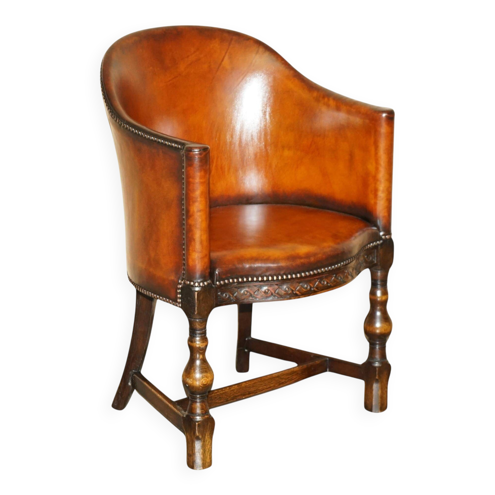 Edwardian office chair 1910 in leather and carved oak