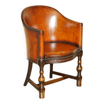 Edwardian office chair 1910 in leather and carved oak