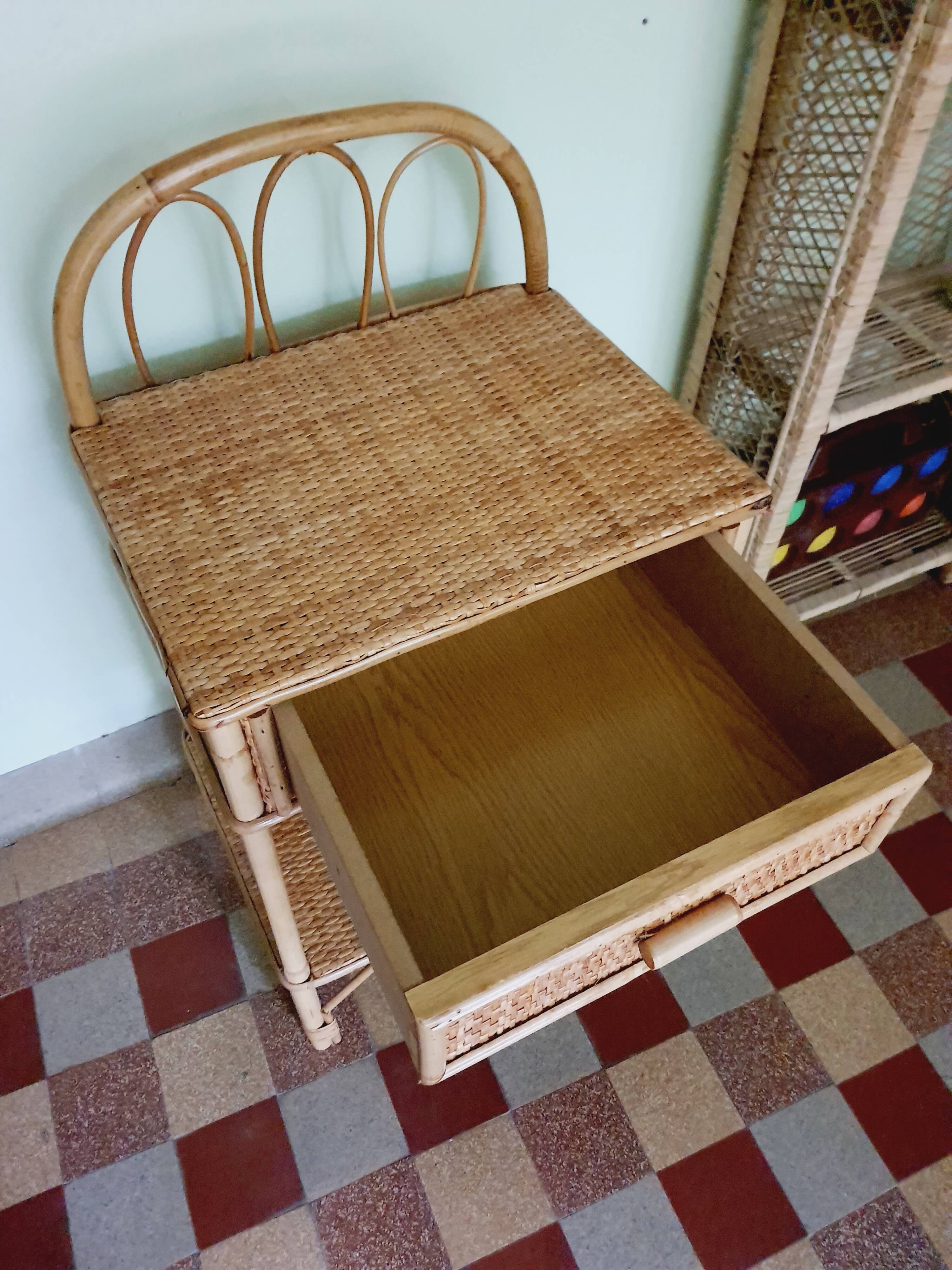 60' vintage rattan bedside table
