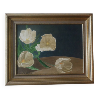 Oil painting on canvas "late tulip" gilded frame still life 1997