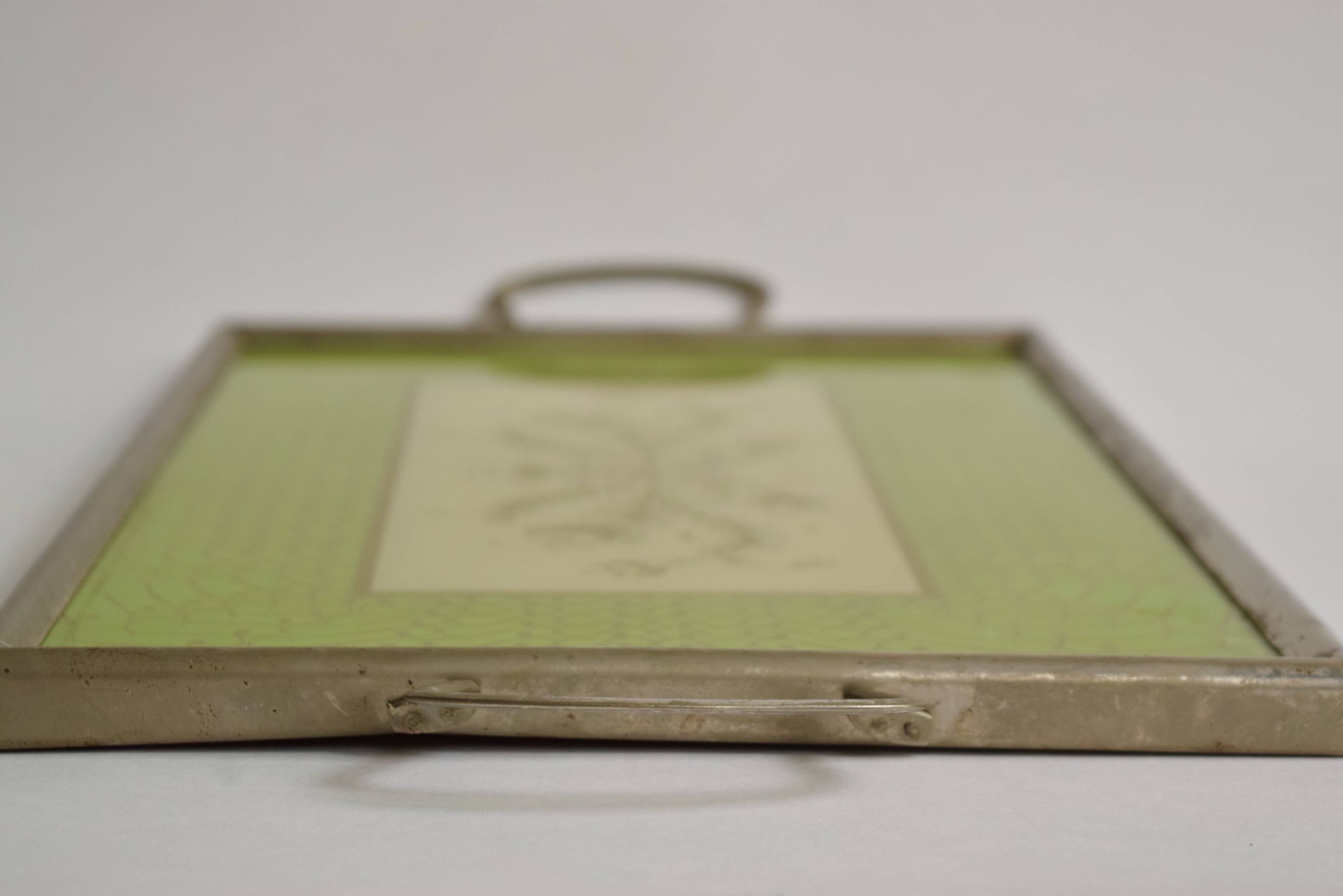 Old glass and metal serving tray - hand-painted floral decoration