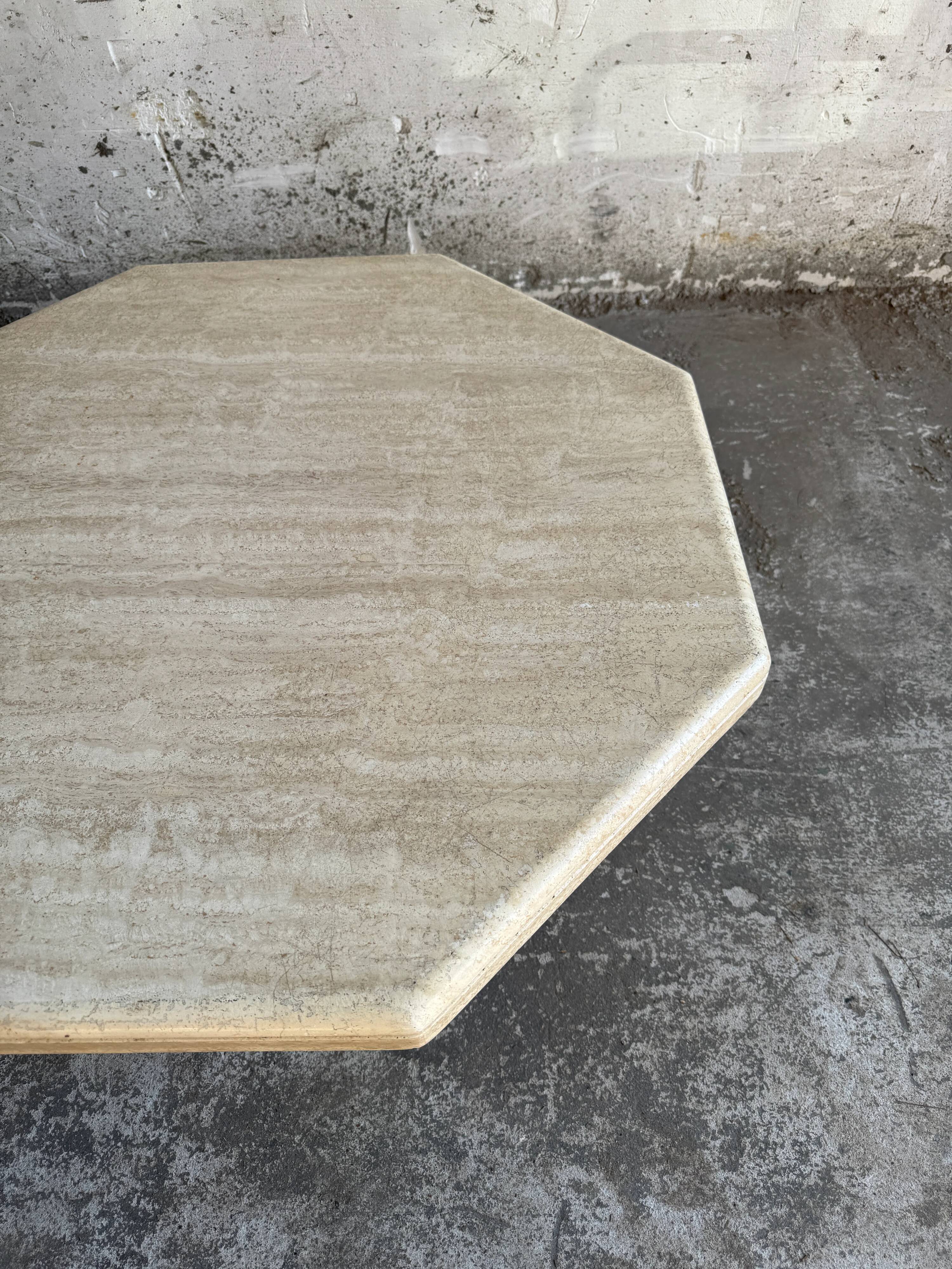 Beige Travertine Sculptural Coffee Table — Hexagonal Solid Natural Stone, Brutalist Design
