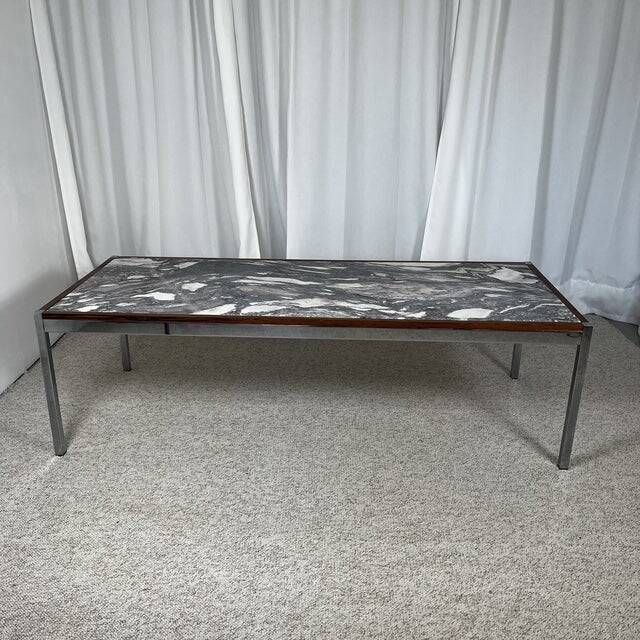 XL Midcentury modern coffee table in metal, rosewood and Arabescato marble, Italy, 1970.