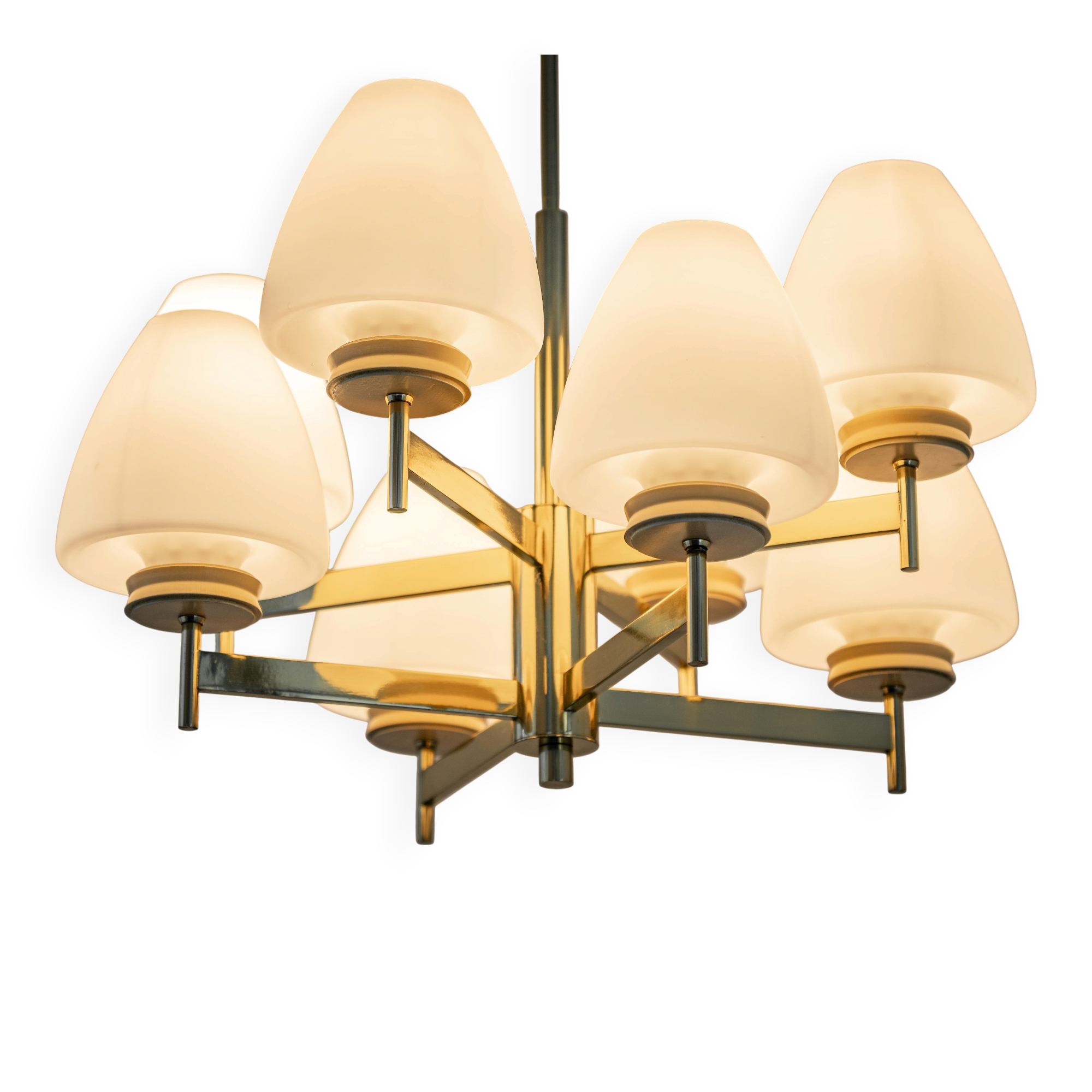 Sputnik chandelier with opaline glass by Kaiser, Germany, 1970s.