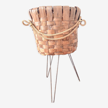 Braided plant pot basket in walnut crust, Italy 1970s