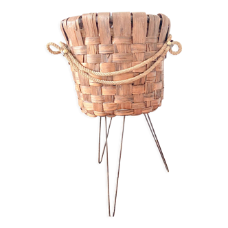 Braided plant pot basket in walnut crust, Italy 1970s