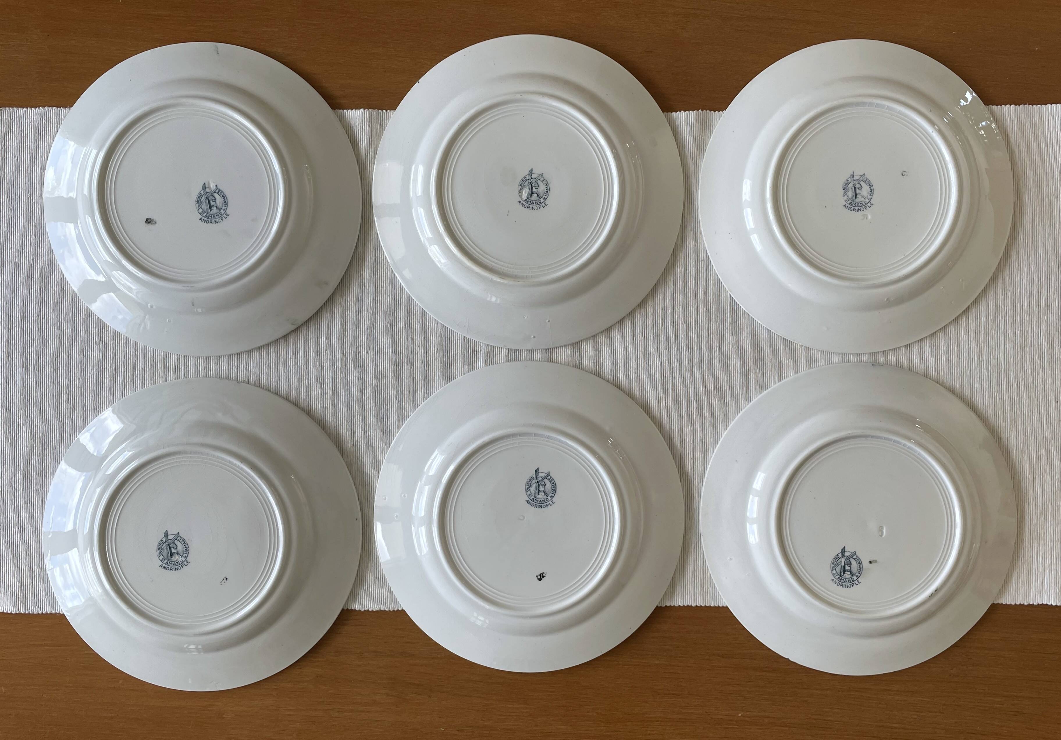 6 assiettes à dessert anciennes en faïence de Saint-Amand (Nord)