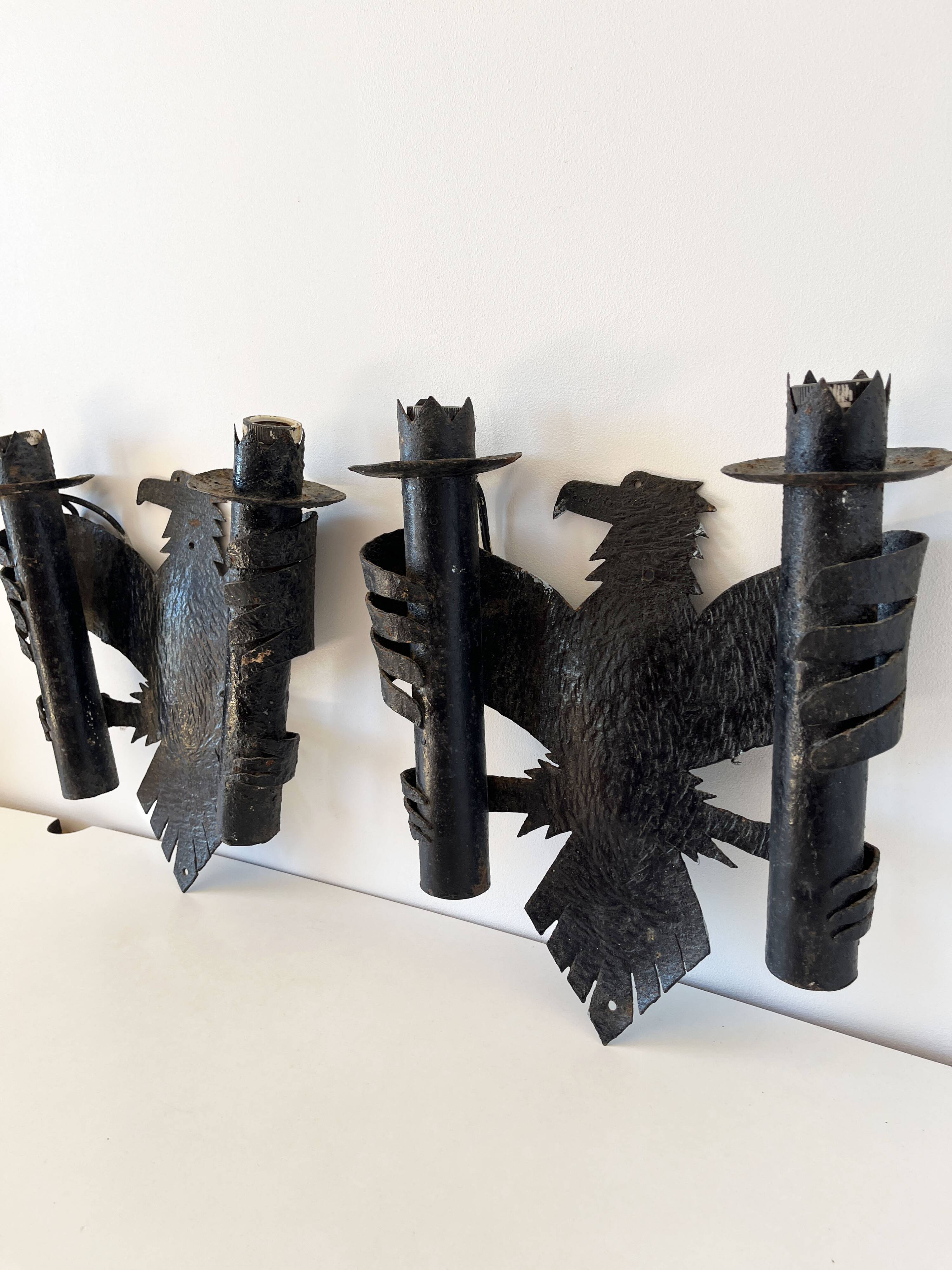 Pair of Brutalist Wrought Iron Eagle Wall Sconces