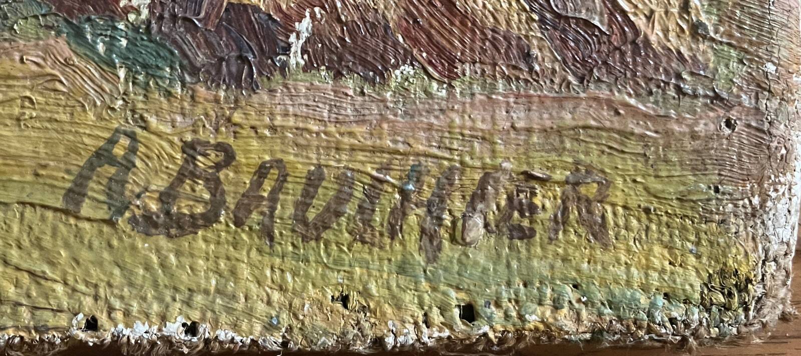 Oil painting on canvas "Landscape with Haystacks and Village" signed Post-Impressionist